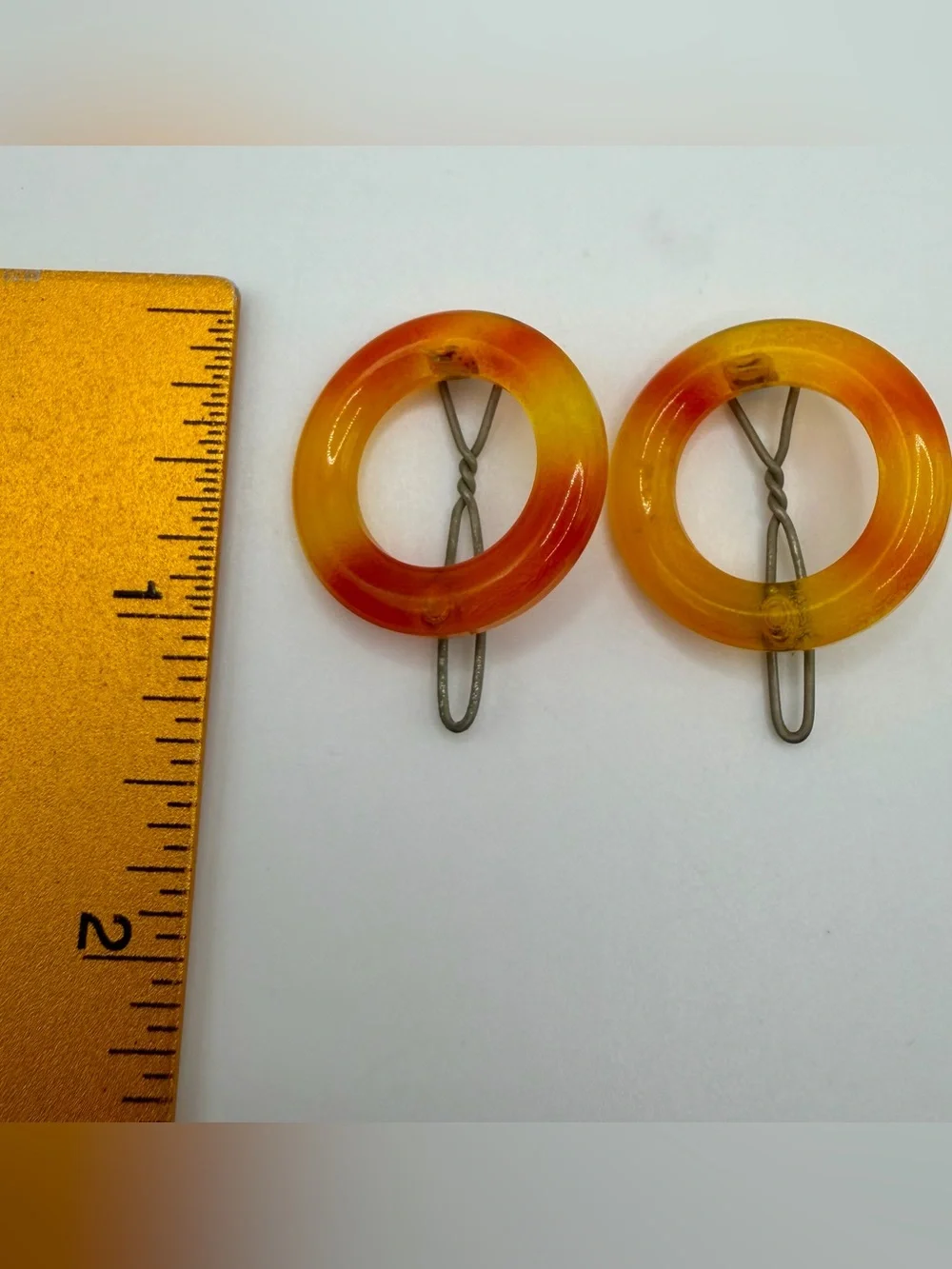 Vtg Art Deco Celluloid Barrettes Amber Orange 1930s Pair 2 Round Faux Tortoise